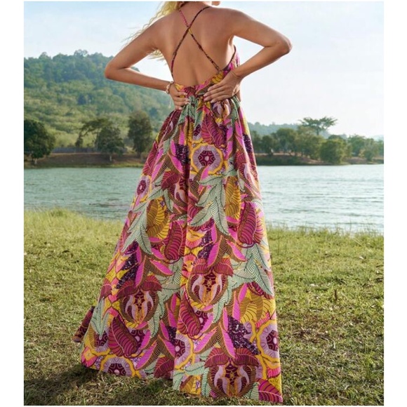 Boho Tropical Print Criss Cross Maxi Dress - Picture 3 of 4